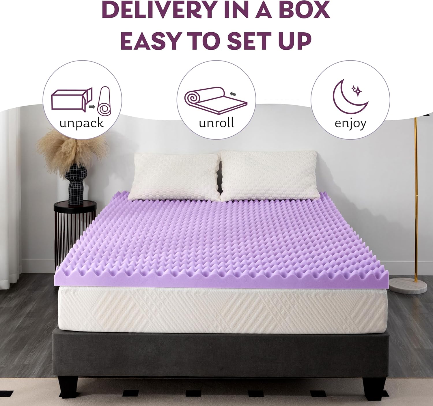 3 Inch Egg Crate Full Memory Foam Mattress Topper, Lavender Scent Gel Infused Foam Mattress Topper for Pressure Relief, CertiPUR-US Certified Full Bed Topper, Purple, 54"&times;75"