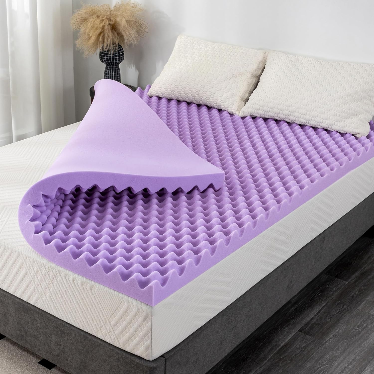 3 Inch Egg Crate Full Memory Foam Mattress Topper, Lavender Scent Gel Infused Foam Mattress Topper for Pressure Relief, CertiPUR-US Certified Full Bed Topper, Purple, 54"&times;75"
