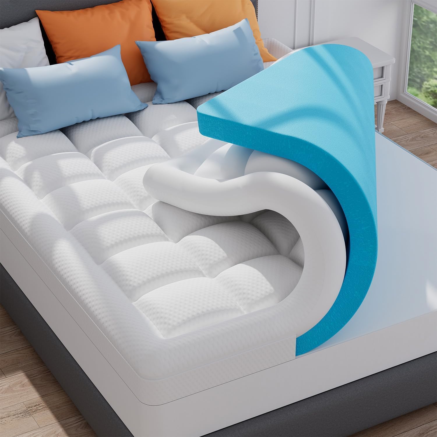 3 Inch Full Size Dual Layer Memory Foam Mattress Topper, 2 Inch Cooling Gel Foam, 1 Inch Soft Pillowtop Pad, Pressure Relief Bed Topper for Teen Room, Apartment & Guest Bed, Comfort Support