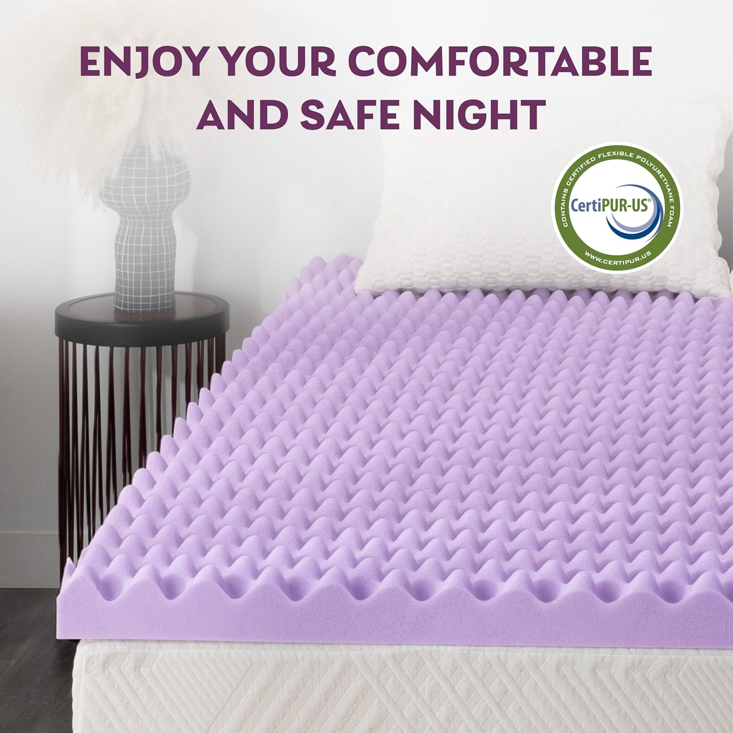 3 Inch Egg Crate Full Memory Foam Mattress Topper, Lavender Scent Gel Infused Foam Mattress Topper for Pressure Relief, CertiPUR-US Certified Full Bed Topper, Purple, 54"&times;75"