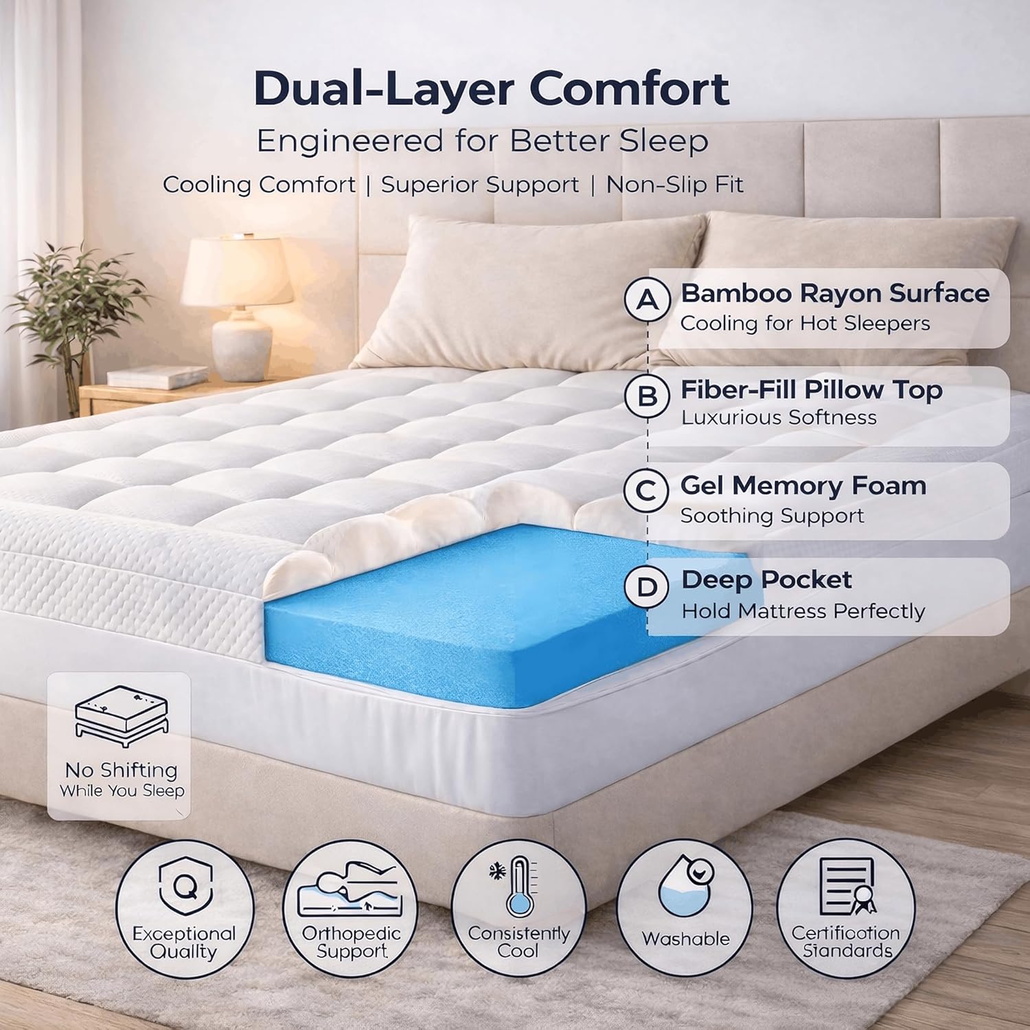 3 Inch Full Size Dual Layer Memory Foam Mattress Topper, 2 Inch Cooling Gel Foam, 1 Inch Soft Pillowtop Pad, Pressure Relief Bed Topper for Teen Room, Apartment & Guest Bed, Comfort Support