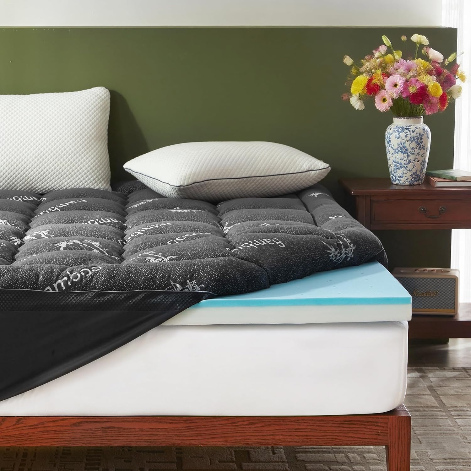 4 Inch Memory Foam Mattress Topper Full,2-in-1 Dual Layer Design (2" Gel Memory Foam + 2" Plush Pillow Top Cover) Mattress Topper Medium-Firm,Pressure Relief & Back Pain Support(Dark Gray)