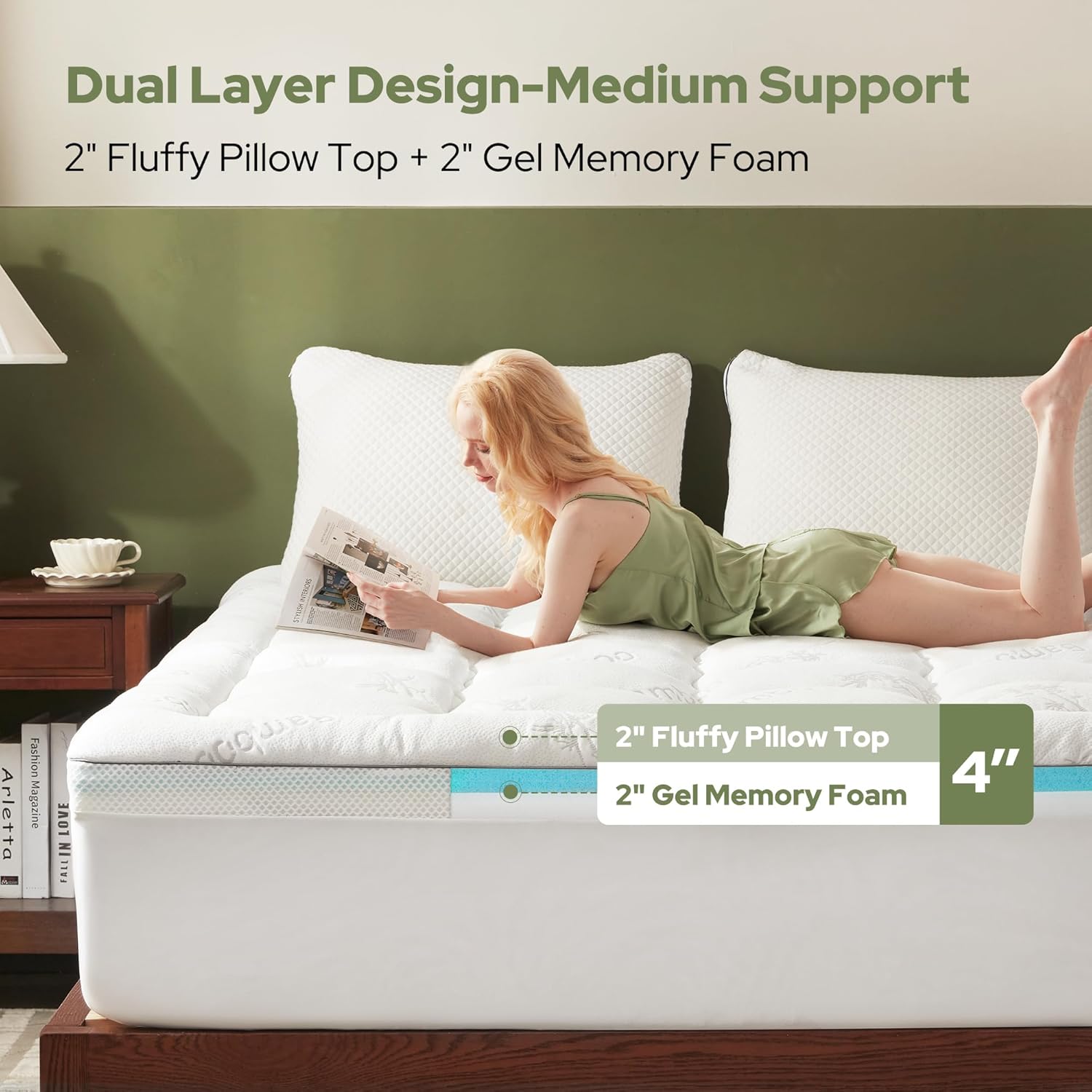 4 Inch Memory Foam Mattress Topper Full,2-in-1 Dual Layer Design (2" Gel Memory Foam + 2" Plush Pillow Top Cover) Mattress Topper Medium-Firm,Pressure Relief & Back Pain Support(Dark Gray)