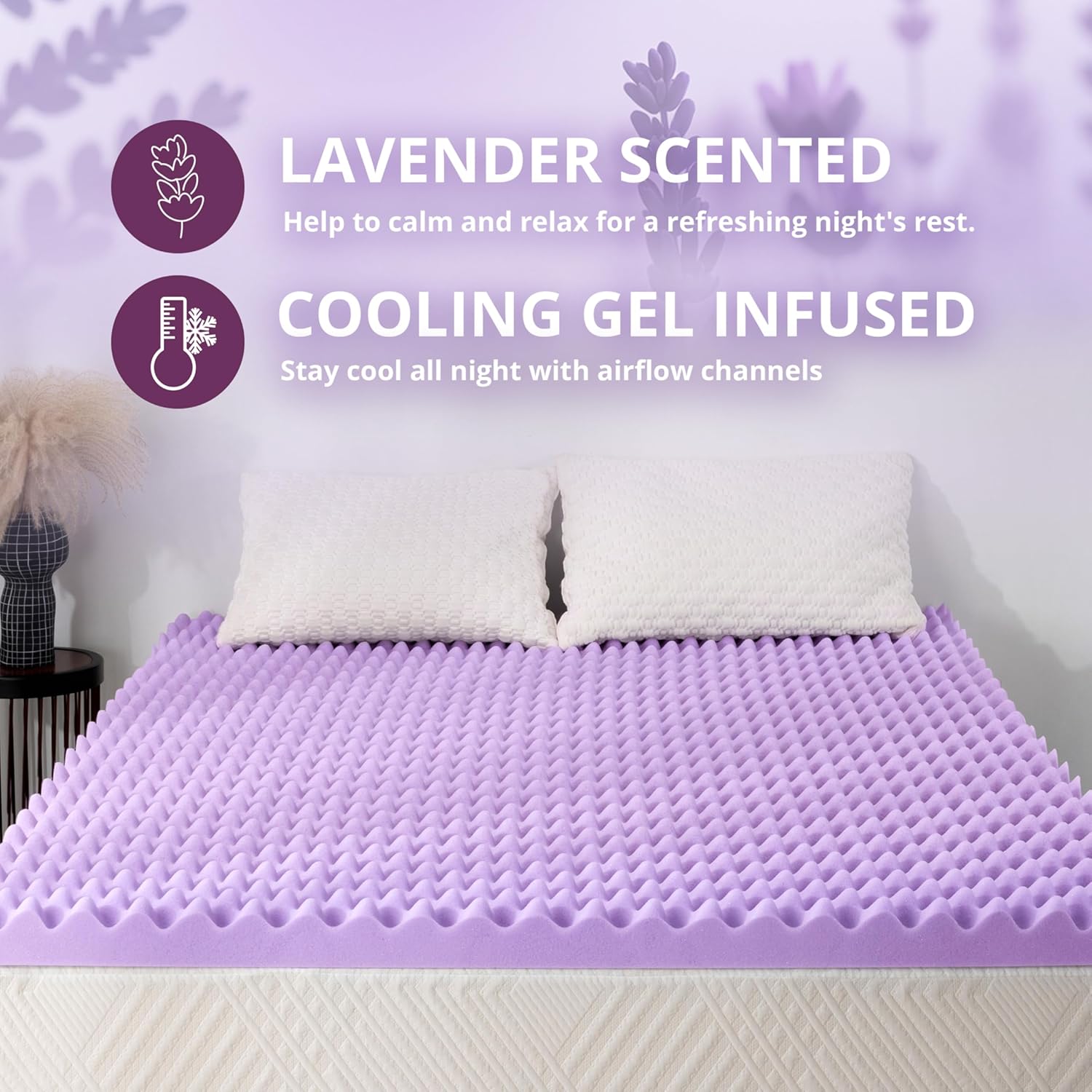 3 Inch Egg Crate Full Memory Foam Mattress Topper, Lavender Scent Gel Infused Foam Mattress Topper for Pressure Relief, CertiPUR-US Certified Full Bed Topper, Purple, 54"&times;75"